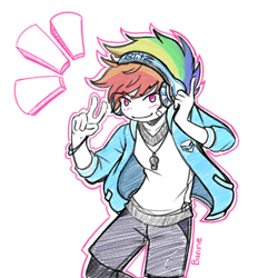 Size: 1080x1080 | Tagged: safe, artist:bunne, rainbow dash, human, equestria girls, g4, bracelet, clothes, colored, colored sketch, equestria guys, headphones, humanized, jacket, jewelry, looking at you, male, necklace, rainbow blitz, rule 63, shirt, shorts, sketch, smiling, smiling at you, smirk, solo