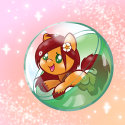 Size: 2048x2048 | Tagged: safe, artist:pfeffaroo, part of a set, oc, oc only, oc:apple bloom, earth pony, pony, fanfic:song of seven, bag, capsule, commission, earth pony oc, flower, flower in hair, gacha, gashapon, high res, satchel, solo, unshorn fetlocks, ych result