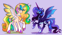 Size: 1734x978 | Tagged: safe, artist:rhythmcrown, princess celestia, princess luna, alicorn, pony, g4, duo, female, mare, redesign, royal sisters, siblings, signature, simple background, sisters, smiling, spread wings, wings