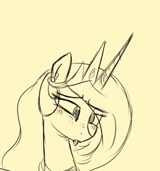 Size: 1025x1096 | Tagged: safe, artist:kqaii, princess celestia, alicorn, pony, g4, bust, monochrome, simple background, sketch, solo, tongue out, yellow background