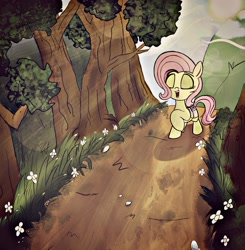 Size: 1863x1903 | Tagged: safe, artist:kqaii, fluttershy, pegasus, pony, g4, bag, crepuscular rays, eyes closed, forest, path, saddle bag, solo