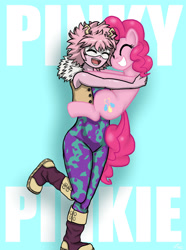 Size: 1280x1717 | Tagged: safe, artist:lennondash, pinkie pie, earth pony, human, pony, g4, anime, blue background, boots, clothes, costume, crossover, duo, duo female, eyes closed, female, grin, holding a pony, hug, mare, mina ashido, minapie, my hero academia, namesake, one leg raised, open mouth, pinky's hero costume, pun, shoes, simple background, smiling, text, visual pun