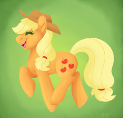 Size: 1431x1379 | Tagged: safe, artist:princesskittydragon, applejack, earth pony, pony, g4, cute, eyes closed, female, green background, happy, jackabetes, mare, signature, simple background, solo, trotting