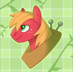 Size: 1441x1424 | Tagged: safe, artist:princesskittydragon, big macintosh, earth pony, pony, g4, bust, detailed background, freckles, male, portrait, profile, signature, smiling, solo, stallion