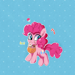 Size: 1750x1750 | Tagged: safe, artist:kqaii, pinkie pie, earth pony, pony, g4, basket, candy, candy cane, cupcake, food, mouth hold, solo