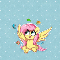 Size: 1568x1568 | Tagged: safe, artist:kqaii, fluttershy, butterfly, pegasus, pony, g4, cute, flower, leaf, shyabetes, smiling, solo