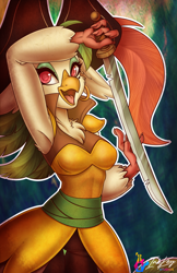 Size: 660x1020 | Tagged: safe, artist:inkkeystudios, captain celaeno, avian, ornithian, parrot pirates, anthro, g4, 2021, abstract background, chest fluff, cutlass, ear piercing, earring, female, hat, jewelry, piercing, pirate, signature, smiling, solo, sword, thigh gap, weapon
