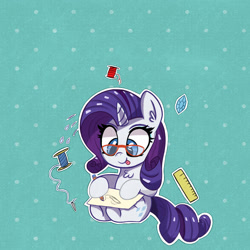 Size: 1578x1578 | Tagged: safe, artist:kqaii, rarity, pony, unicorn, g4, dexterous hooves, drawing, gem, glasses, rarity's glasses, ruler, sewing needle, solo, spool, sweat, sweatdrop, thread, tongue out