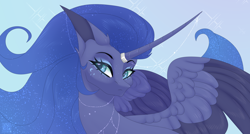 Size: 3840x2060 | Tagged: safe, artist:elektra-gertly, princess luna, alicorn, pony, g4, blue background, colored wings, curved horn, ethereal mane, facial markings, female, frown, high res, horn, horn jewelry, jewelry, long horn, mare, simple background, solo, spread wings, two toned wings, wings