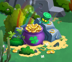 Size: 506x440 | Tagged: safe, gameloft, g4, my little pony: magic princess, coin, gold, gold coins, holiday, no pony, pot, rainbow, saint patrick's day