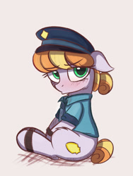 Size: 1419x1892 | Tagged: safe, artist:kqaii, copper top, earth pony, pony, g4, cuffed, cuffs, floppy ears, hat, necktie, police, police pony, police uniform, pouting, sitting, solo, tied up