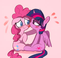 Size: 1531x1449 | Tagged: safe, artist:kqaii, pinkie pie, twilight sparkle, alicorn, earth pony, pony, g4, blushing, duo, face licking, female, floppy ears, lesbian, licking, ship:twinkie, shipping, sitting, smiling, tongue out, twilight sparkle (alicorn)