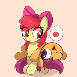 Size: 1669x1669 | Tagged: safe, artist:kqaii, apple bloom, scootaloo, earth pony, pegasus, pony, g4, adorabloom, apple, apple bloom's bow, bow, cute, cutealoo, duo, eye clipping through hair, female, filly, foal, food, hair bow, looking at each other, looking at someone, lying down, lying on top of someone, one eye closed, open mouth, pictogram, pixiv, ponies riding ponies, riding, simple background, smiling, speech bubble