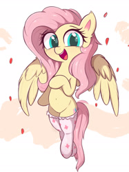 Size: 1335x1781 | Tagged: safe, artist:kqaii, fluttershy, pegasus, pony, belly button, clothes, cute, female, flying, happy, mare, open mouth, open smile, shyabetes, smiling, socks, solo, spread wings, wings