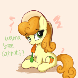Size: 1609x1609 | Tagged: safe, artist:kqaii, carrot top, golden harvest, earth pony, pony, g4, blushing, carrot, engrish, female, food, grammar error, hat, herbivore, mare, mouth hold, solo