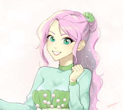 Size: 1000x900 | Tagged: safe, artist:extraluna, fluttershy, equestria girls, g4, my little pony equestria girls: better together, so much more to me, bust, female, grin, portrait, signature, simple background, smiling, solo