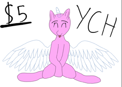 Size: 1172x844 | Tagged: safe, artist:glowbug, oc, oc only, alicorn, earth pony, pegasus, pony, unicorn, :p, commission, crossed hooves, happy, horn, simple background, sitting, solo, spread hooves, tongue out, wings, your character here