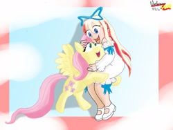 Size: 2016x1512 | Tagged: safe, artist:umbreonvevo, fluttershy, human, pegasus, pony, g4, cute, disgaea, flonne, hug, shyabetes