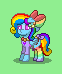 Size: 62x74 | Tagged: safe, artist:dematrix, oc, oc:riinbow dashie, pegasus, pony, pony town, bow, clothes, cute, ear piercing, female, floppy ears, hair bow, mare, multicolored tail, neck rings, picture for breezies, piercing, pixel art, rainbow socks, saddle, socks, solo, striped socks, tack, tail, tail bow