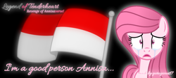 Size: 1422x637 | Tagged: safe, artist:elementbases, artist:tanahgrogot, oc, oc only, oc:annisa trihapsari, earth pony, series:the legend of tenderheart, black background, crying, earth pony oc, female, flag, indonesia, looking at you, mare, medibang paint, open mouth, sad, simple background, solo, wide eyes