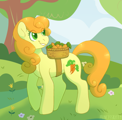 Size: 1531x1507 | Tagged: safe, artist:leopurofriki, artist:princesskittydragon, carrot top, golden harvest, earth pony, pony, g4, basket, carrot, food, smiling, solo, turned head