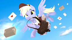Size: 3840x2160 | Tagged: safe, artist:owlpirate, derpy hooves, pegasus, pony, g4, 3d, 4k, cute, derpabetes, female, flying, grin, high res, letter, looking at you, love letter, mailbag, mailmare, mare, mouth hold, smiling, smiling at you, solo, source filmmaker, spread wings, wings