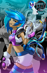 Size: 1030x1600 | Tagged: safe, artist:mauroz, dj pon-3, vinyl scratch, human, g4, 3.5mm aux cable, blue hair, clothes, cutie mark on clothes, dark skin, fanny pack, female, hdmi cable, headphones, humanized, jacket, midi cable, midriff, miniskirt, my little pony logo, rca cable, short shirt, skirt, solo, vinyl's glasses, wrong eye color, zettai ryouiki, zoom layer