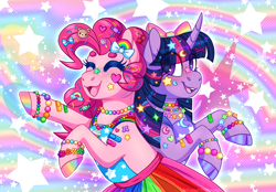 Size: 1600x1111 | Tagged: safe, artist:princesskittydragon, pinkie pie, twilight sparkle, earth pony, pony, g4, bandaid, beanbrows, bow, bracelet, candy, clothes, cloven hooves, colored hooves, dress, duo, eyebrows, female, food, hair bow, jewelry, mare, necklace, rainbow, rainbow background, rearing, smiling, sticker