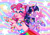 Size: 1600x1111 | Tagged: safe, artist:y2kitty, pinkie pie, twilight sparkle, earth pony, pony, g4, bandaid, beanbrows, bow, bracelet, candy, clothes, cloven hooves, colored hooves, dress, duo, eyebrows, female, food, hair bow, jewelry, mare, necklace, rainbow, rainbow background, rearing, smiling, sticker