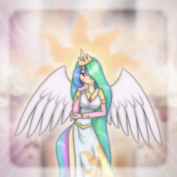 Size: 1200x1200 | Tagged: safe, artist:ihara, princess celestia, human, g4, celestia's crown, clothes, crown, cutie mark on clothes, dress, humanized, jewelry, necklace, regalia, spread wings, wings