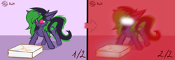 Size: 3129x1080 | Tagged: safe, oc, oc only, pony, unicorn, ask, cheek fluff, chest fluff, colored sketch, ear fluff, female, fluffy, food, glowing, glowing eyes, horn, insanity, long ears, mare, meme, pizza, pizza box, signature, silly, silly face, silly pony, simple background, sketch, smiling, solo, triggered, unicorn oc, wide eyes