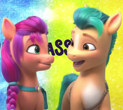 Size: 690x620 | Tagged: safe, screencap, hitch trailblazer, sunny starscout, earth pony, pony, g5, my little pony: a new generation, caption, cropped, duo, female, great moments in animation, looking at each other, looking at someone, male, mare, out of context, shipping fuel, size difference, stallion, youtube link