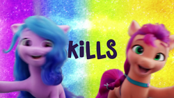 Size: 1280x720 | Tagged: safe, screencap, izzy moonbow, sunny starscout, earth pony, pony, unicorn, g5, my little pony: a new generation, covering, duo, female, happy, implied murder, looking at you, mare, out of context, youtube link