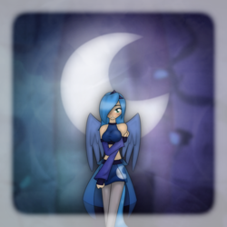 Size: 1200x1200 | Tagged: safe, artist:ihara, princess luna, human, g4, breasts, clothes, crescent moon, female, hair over one eye, humanized, moon, s1 luna, shoulderless, skirt, solo, winged humanization, wings