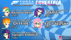 Size: 3840x2160 | Tagged: safe, artist:forzaveteranenigma, fluttershy, rainbow dash, rarity, spitfire, twilight sparkle, fanfic:equestria motorsports, equestria girls, g4, fanfic, forza motorsport, high res, human coloration, instagram, pale skin, roster, youtube