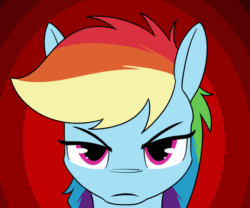 Size: 960x800 | Tagged: safe, artist:dacaoo, rainbow dash, pegasus, pony, g4, :c, >:c, angry, animated, bust, frown, gif, grumpy, looking at you, portrait, reaction image, solo, unamused, zoom