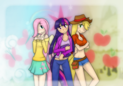 Size: 1500x1050 | Tagged: safe, artist:ihara, applejack, fluttershy, twilight sparkle, human, g4, abstract background, breasts, cleavage, clothes, female, humanized, midriff, pants, shorts, skirt, tail, tailed humanization, trio, winged humanization, wings