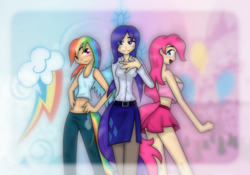 Size: 1500x1050 | Tagged: safe, artist:ihara, pinkie pie, rainbow dash, rarity, human, g4, abstract background, clothes, female, hand on hip, humanized, midriff, pants, shirt, skirt, tail, tailed humanization, tank top, trio, winged humanization, wings