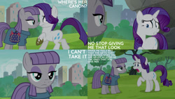 Size: 1280x720 | Tagged: safe, edit, edited screencap, editor:quoterific, screencap, maud pie, rarity, earth pony, pony, unicorn, g4, season 6, the gift of the maud pie, duo, female, lip bite, mare, open mouth, shrunken pupils, sweat, text