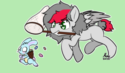 Size: 2400x1400 | Tagged: safe, artist:move, oc, oc:move, pegasus, pony, rabbit, animal, butterfly net, commission, easter, egg, holiday, male, net, smiling, solo, wings, your character here