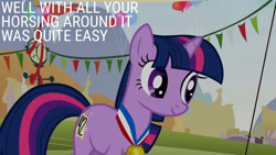 Size: 1280x720 | Tagged: safe, edit, edited screencap, editor:quoterific, screencap, twilight sparkle, pony, unicorn, fall weather friends, g4, season 1, female, mare, medal, smiling, solo, text, unicorn twilight