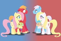 Size: 2880x1920 | Tagged: safe, anonymous artist, banner mares, big macintosh, cottonflock, crescendo, fluttershy, oc, oc:cotton blanket, oc:late riser, earth pony, pegasus, pony, series:fm holidays, g4, april fools, baby, baby pony, colt, crescendoflock, family, female, floppy ears, foal, gradient background, high res, holding a pony, lineless, looking at each other, looking at someone, male, mare, no pupils, offspring, pacifier, parent:big macintosh, parent:cottonflock, parent:crescendo, parent:fluttershy, parents:crescendoflock, parents:fluttermac, ship:fluttermac, shipping, size difference, stallion, straight