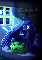 Size: 2000x2850 | Tagged: safe, artist:littletigressda, princess luna, oc, oc:nightrose, alicorn, bat pony, pony, fanfic:luna's little rose, g4, bed, book, duo, fanfic art, female, filly, foal, high res, mare, moon, night, shelf, window