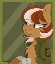Size: 1200x1400 | Tagged: safe, artist:modularpon, oc, oc only, oc:roulette, earth pony, pony, fallout equestria, animated, blinking, clothes, ear flick, female, frown, jacket, looking at you, looking sideways, mare, military uniform, simple background, smiling, smirk, uniform