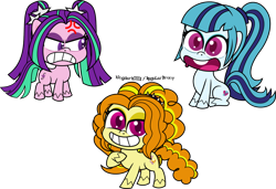 Size: 1024x701 | Tagged: safe, artist:kingdark0001, adagio dazzle, aria blaze, sonata dusk, earth pony, pony, g4, g4.5, my little pony: pony life, cross-popping veins, female, g4 to g4.5, generation leap, grin, gritted teeth, idiot, open mouth, open smile, simple background, smiling, the dazzlings, transparent background, trio