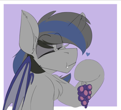 Size: 1507x1366 | Tagged: safe, artist:kirbirb, oc, oc only, oc:nightglider, bat pony, pony, bust, eating, food, grapes, heart, herbivore, portrait, solo