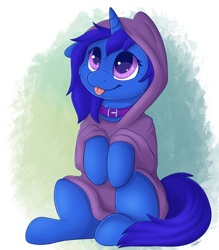 Size: 2048x2341 | Tagged: safe, artist:dbleki, oc, oc only, oc:delly, pony, unicorn, :p, clothes, collar, cute, female, high res, hoodie, mare, oversized clothes, simple background, sitting, solo, tongue out