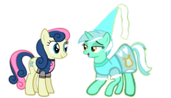 Size: 720x416 | Tagged: safe, artist:darlycatmake, bon bon, lyra heartstrings, sweetie drops, earth pony, pony, unicorn, g4, amused, bon bon is amused, clothes, couple, dress, dressup, female, happy, hennin, knight, knight rescues the princess, lesbian, lidded eyes, looking at each other, looking at someone, love, lyra is amused, mare, medieval, open mouth, princess, princess lyra heartstrings, romance, romantic, shipping, shipping fuel, simple background, smiling, smiling at each other, together, transparent background, wide eyes