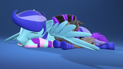 Size: 3840x2160 | Tagged: safe, artist:nightietime, oc, oc only, oc:marshy, oc:sierra nightingale, 3d, clothes, high res, siblings, sniffing, socks, spread wings, striped socks, wings