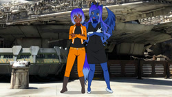 Size: 1244x700 | Tagged: safe, artist:tychotma-1, princess luna, oc, alicorn, human, anthro, g4, belt, boots, clothes, dark skin, dress, duo, humanized, ily sign, kisekae, millenium falcon, pants, photo, resistance, shirt, shoes, sign language, star wars, tail, vest, wings